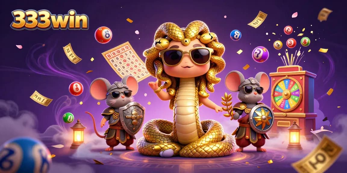 Experience 333win's exciting lottery action with a vibrant 3D illustration featuring Medusa and warrior mice.
