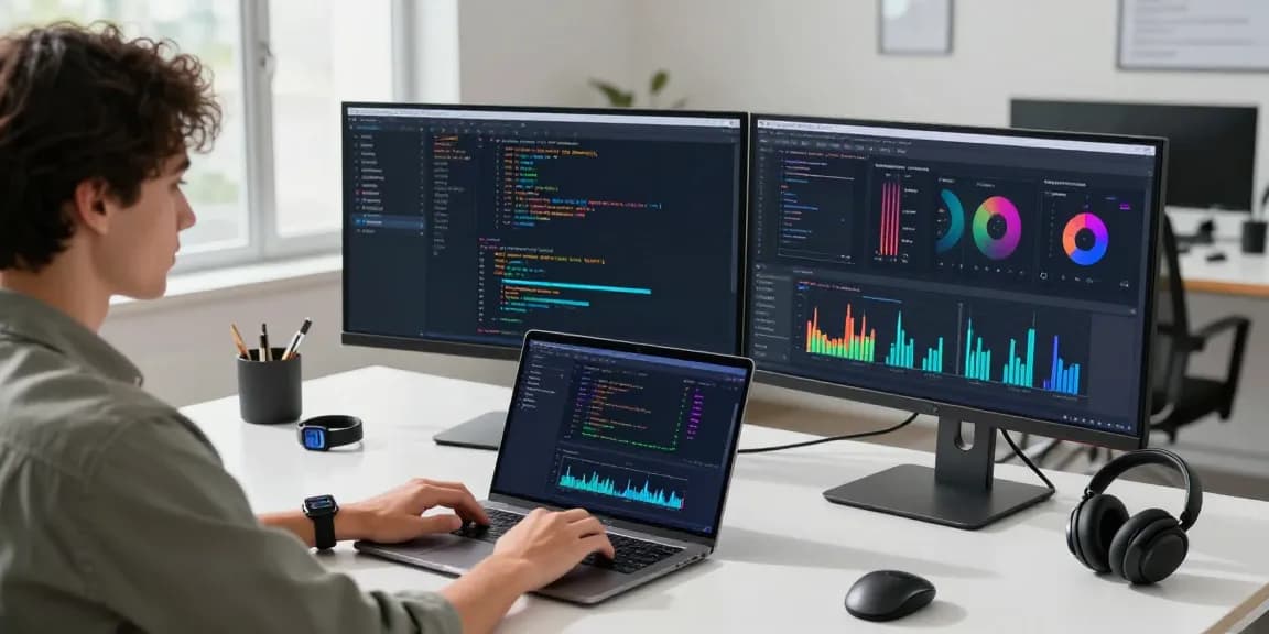快连 technology workspace with a developer analyzing network data on dual monitors and laptop in a modern office setting.