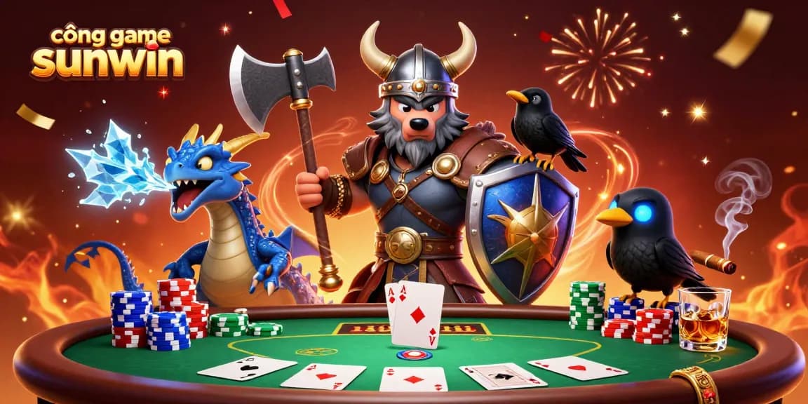 Experience the thrill of cổng game sunwin with a vivid 3D portrayal featuring a Viking wolf warrior in a poker showdown.