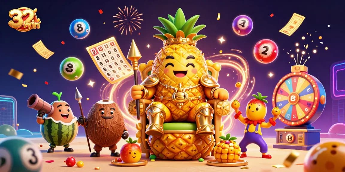 Win big with 32win at the vibrant casino, featuring a golden pineapple king amidst dynamic lottery elements.