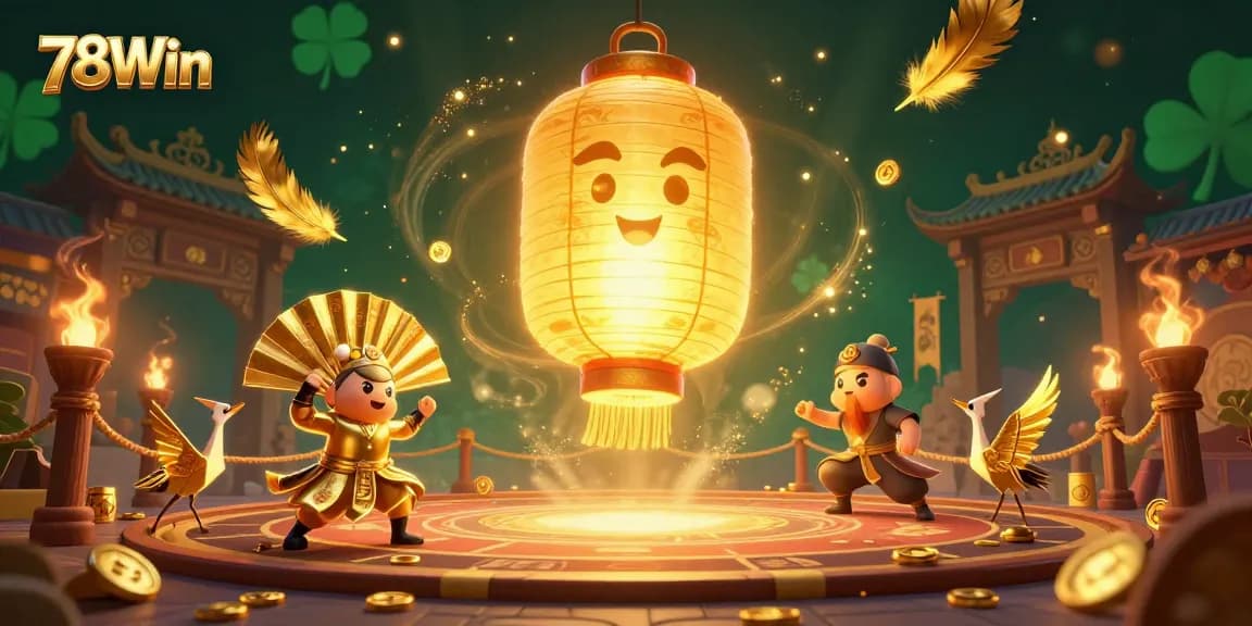 Experience thrilling gaming at 78Win with a vibrant scene depicting adventurous characters amidst golden symbols and casino motifs.
