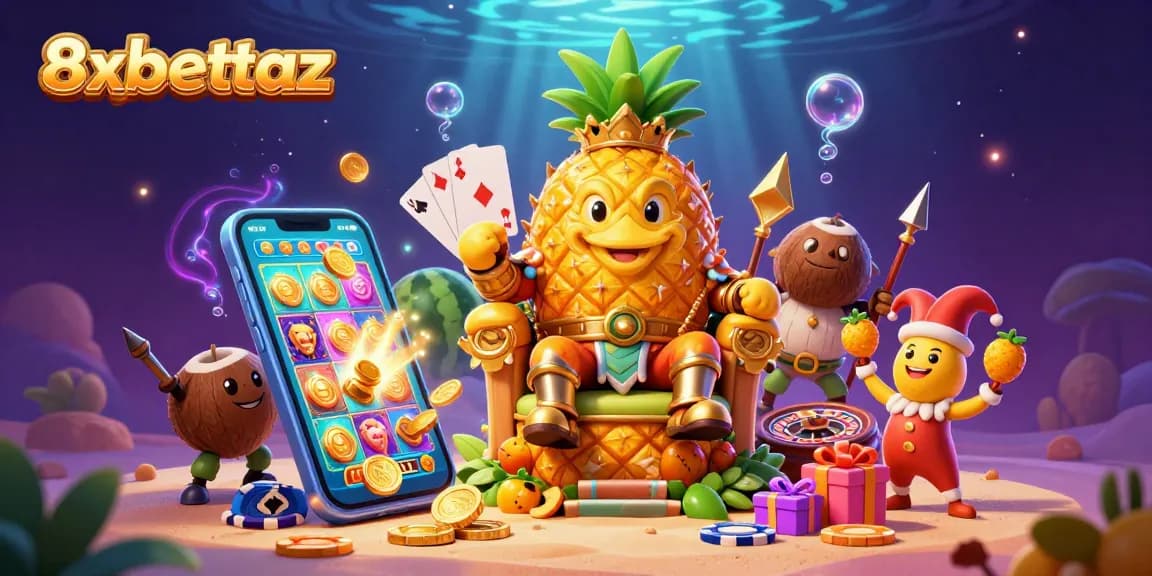 Engage with exciting games at 8xbettaz, featuring a golden pineapple king and lively casino elements.