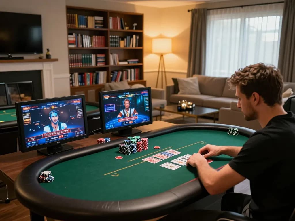 Engaging in a dynamic sun win poker game at home with multiple screens displaying cards and betting options
