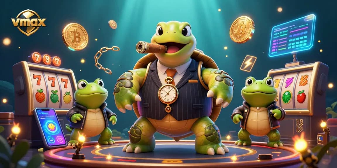 Bet big with vmax at a dynamic casino table featuring vibrant characters and slot elements.