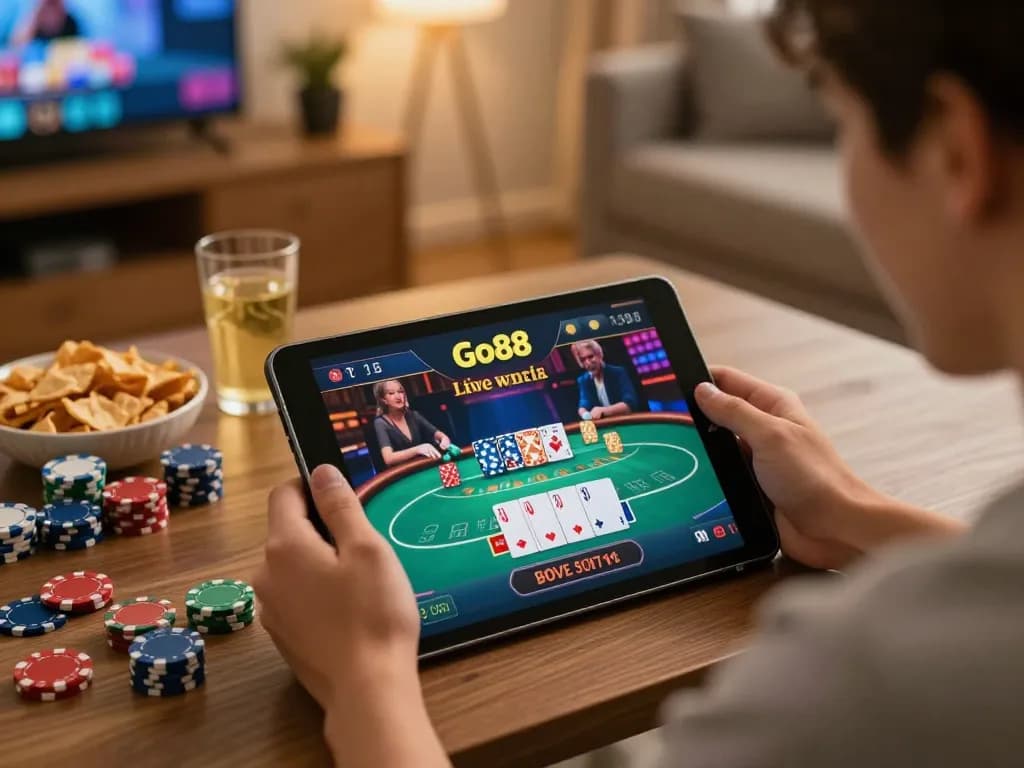 Engaging gameplay on Go88 mobile app showcasing live casino action with a player using a tablet.