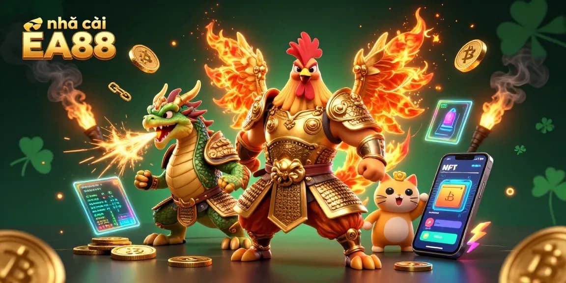 Engage with nhà cái EA88's dynamic casino scene featuring unique characters and glowing crypto elements