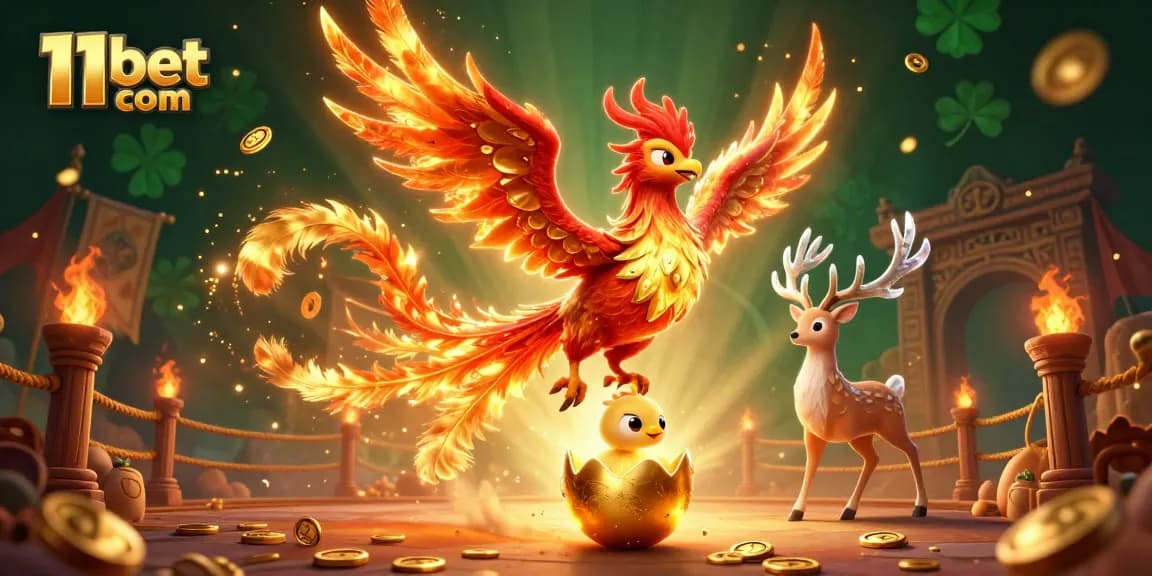 Engage with 11bet com’s thrilling gaming atmosphere, featuring a dynamic phoenix and mystical elements.