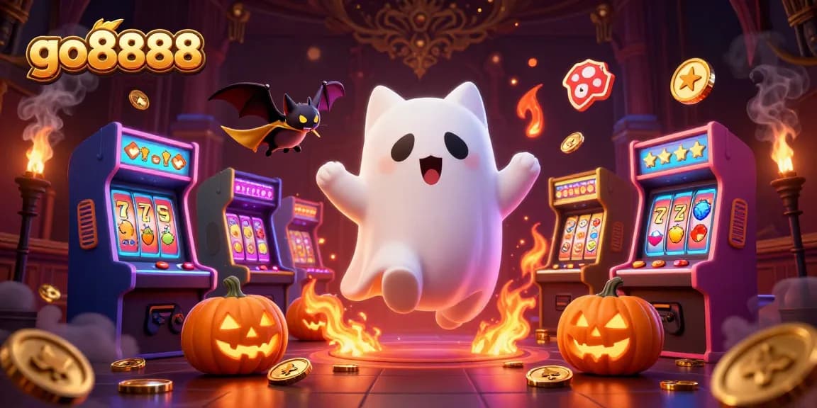 Spin the reels at go8888 with a ghost cat and glowing jack-o-lanterns in this vibrant casino scene.