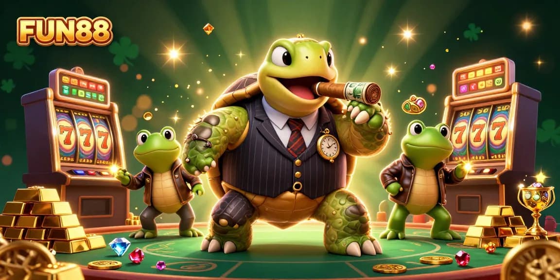 Experience the thrill of FUN88 with a vibrant casino scene featuring characters and slot machine excitement.
