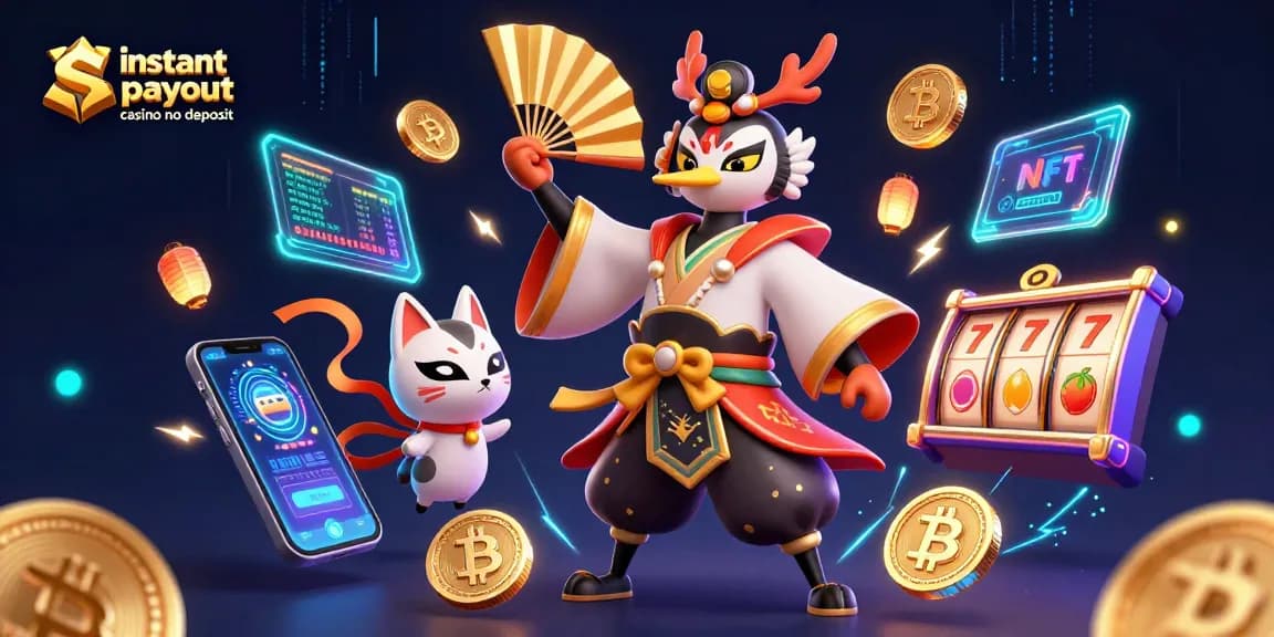 Engage in instant payout casino no deposit with a vibrant 3D illustration, showcasing dynamic gaming elements and characters.