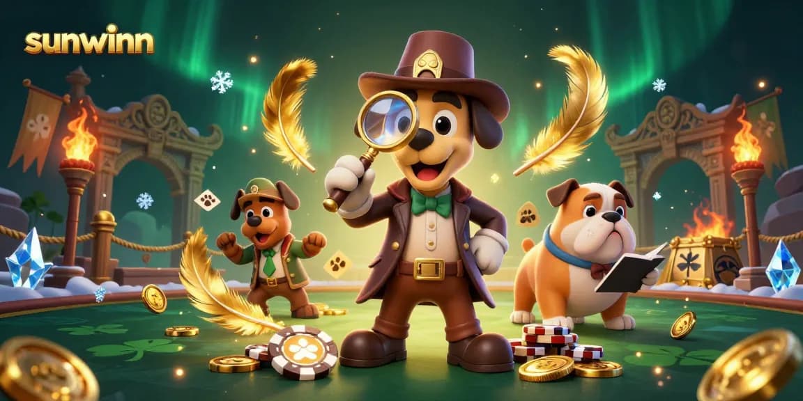Sunwinn's cartoon detective gameplay featuring a golden poker chip clue and dog companion.