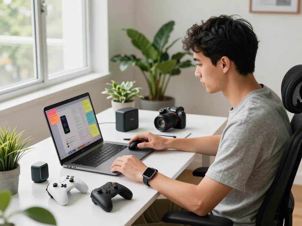 Exploring innovative tech gadgets in a modern workspace with Bluetooth devices and a professional reviewing technology.