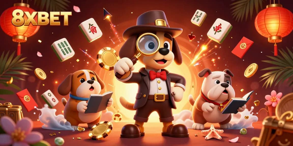 8XBET players engaging in immersive gaming experiences with vibrant characters and casino elements.