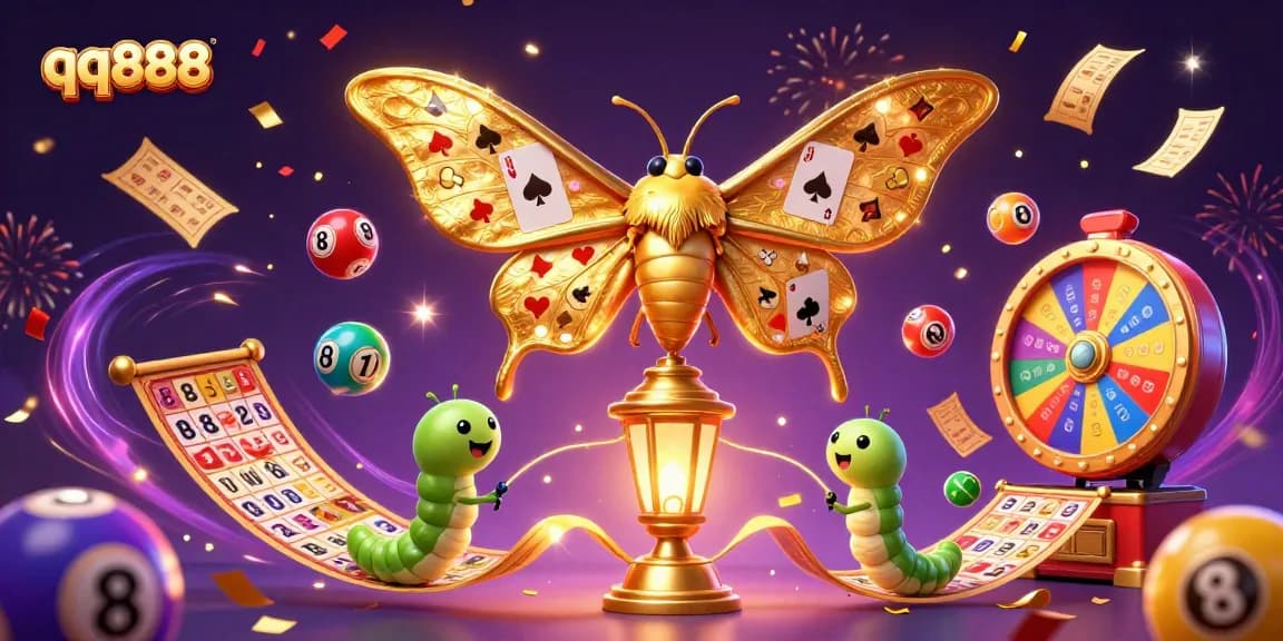 Engage with qq888 through a vibrant 3D illustration showcasing colorful lottery elements and casino games.