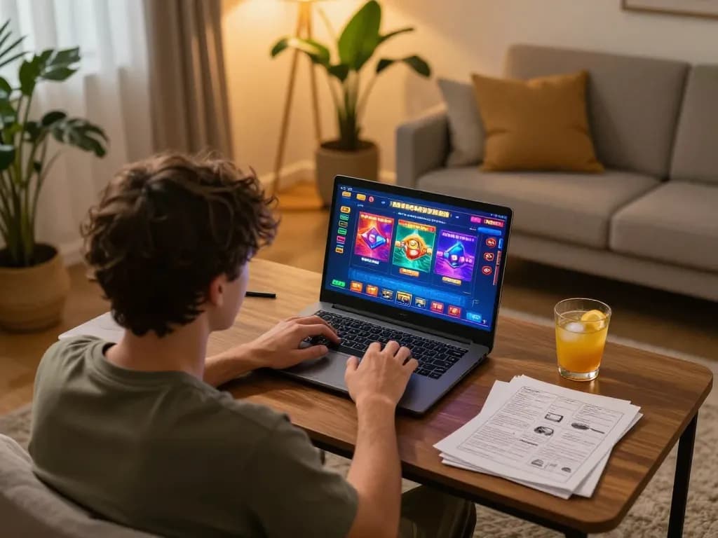 FA88 user engaging in online casino gaming at home, showcasing strategy and entertainment.