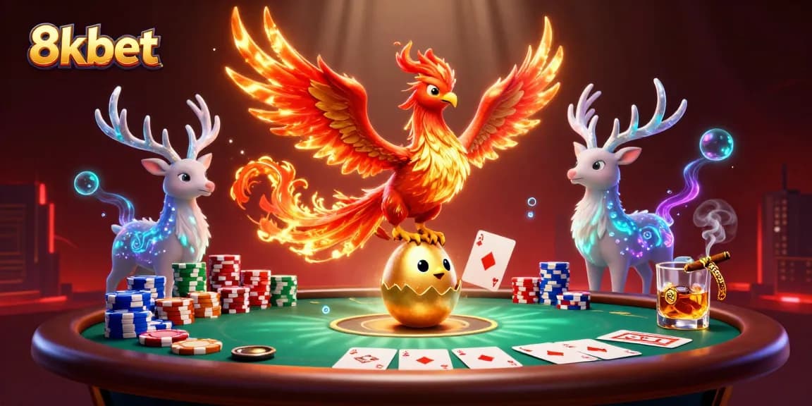 Engage with 8xbet's thrilling betting scene featuring a 3D fire phoenix and poker dynamics.