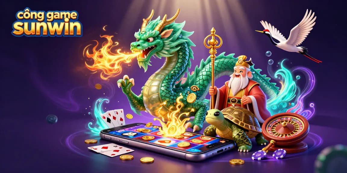 Engage with cổng game sunwin featuring a dynamic 3D casino scene with a jade dragon and game elements.