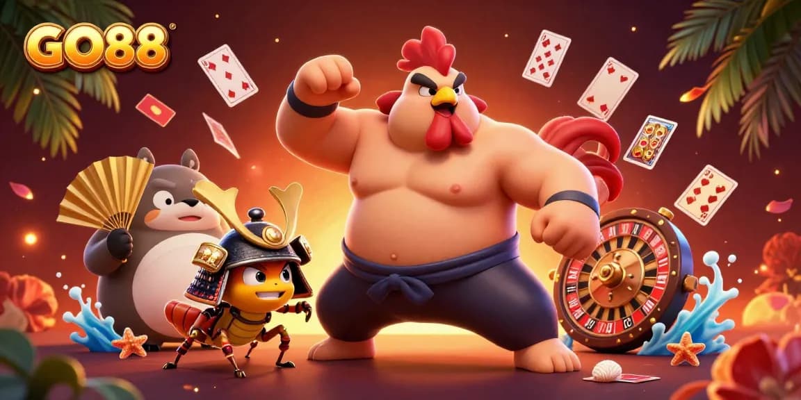 Experience GO88 action with vibrant casino-themed 3D illustration featuring a sumo wrestler and samurai cricket.