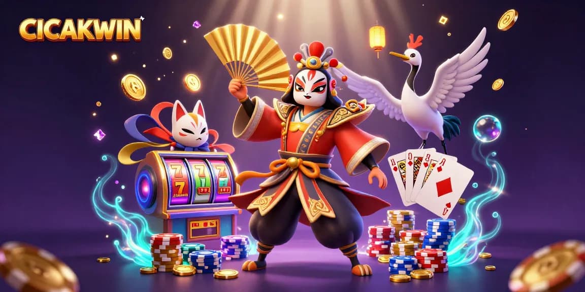 CICAKWIN showcases an exciting digital gambling scene featuring vibrant slot reels, colorful chips, and dynamic characters.
