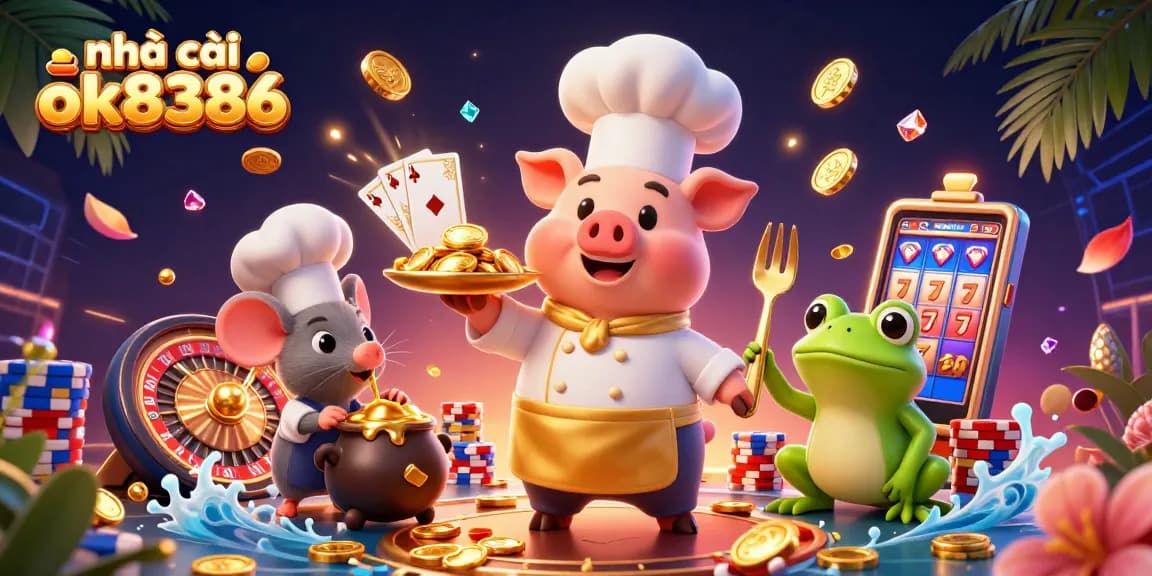 Experience winning with nhà cái ok8386 in a vibrant 3D casino-themed scene featuring gold coins and playful characters.