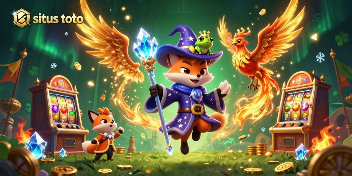 Putaran slot gacor yang menarik di situs toto dengan karakter magis dan simbol judi berkilau.