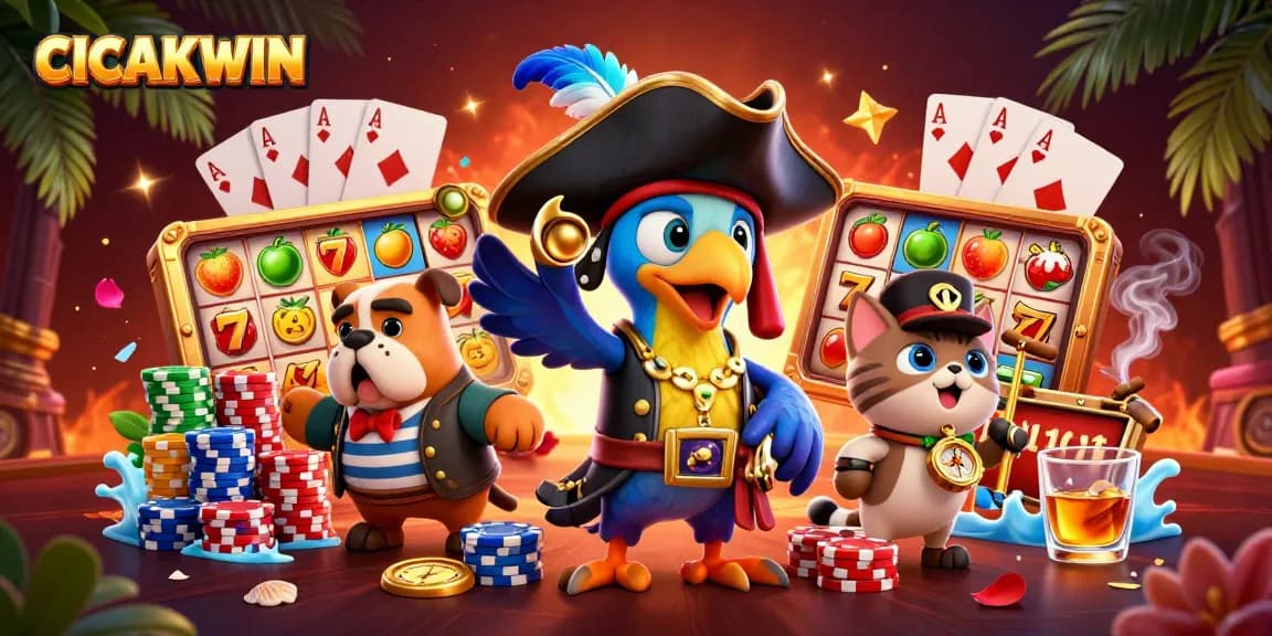 CICAKWIN brings excitement with cartoon characters at a vibrant online casino filled with slot reels and poker elements.