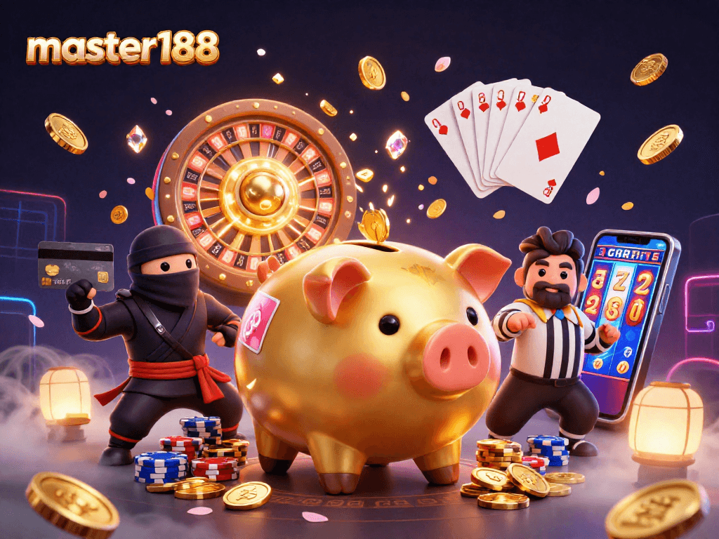master188 showcases a lively casino scene with a sumo wrestler shaking gold coins, enhancing gaming excitement.