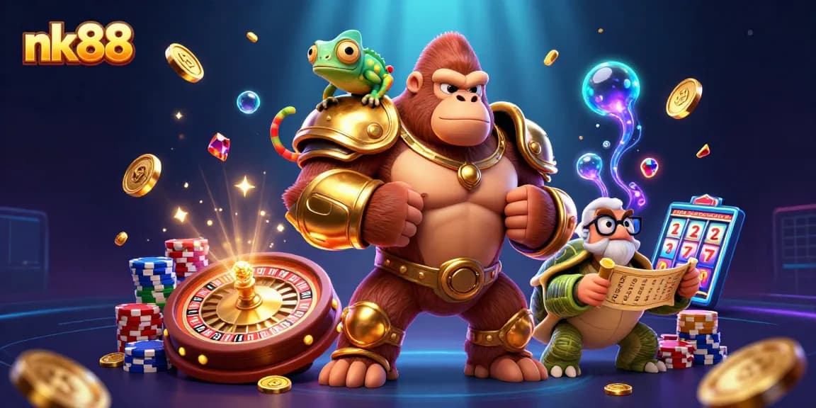 Experience nk88's thrilling gambling with a vibrant gorilla king and a dynamic casino scene.
