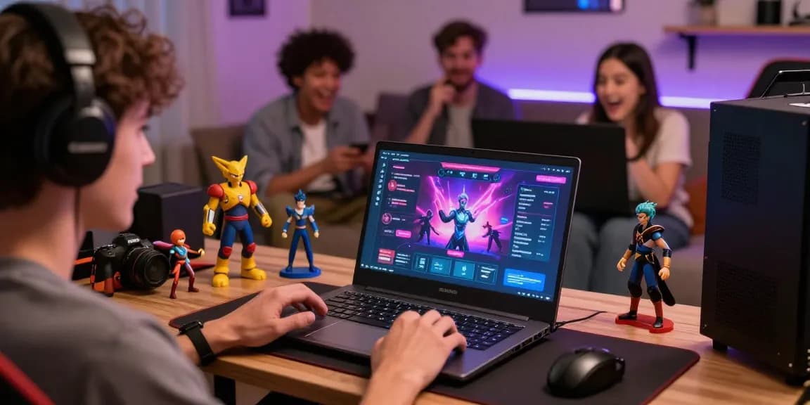 Exciting scene of a person playing porn games HTML surrounded by gaming collectibles and friends.