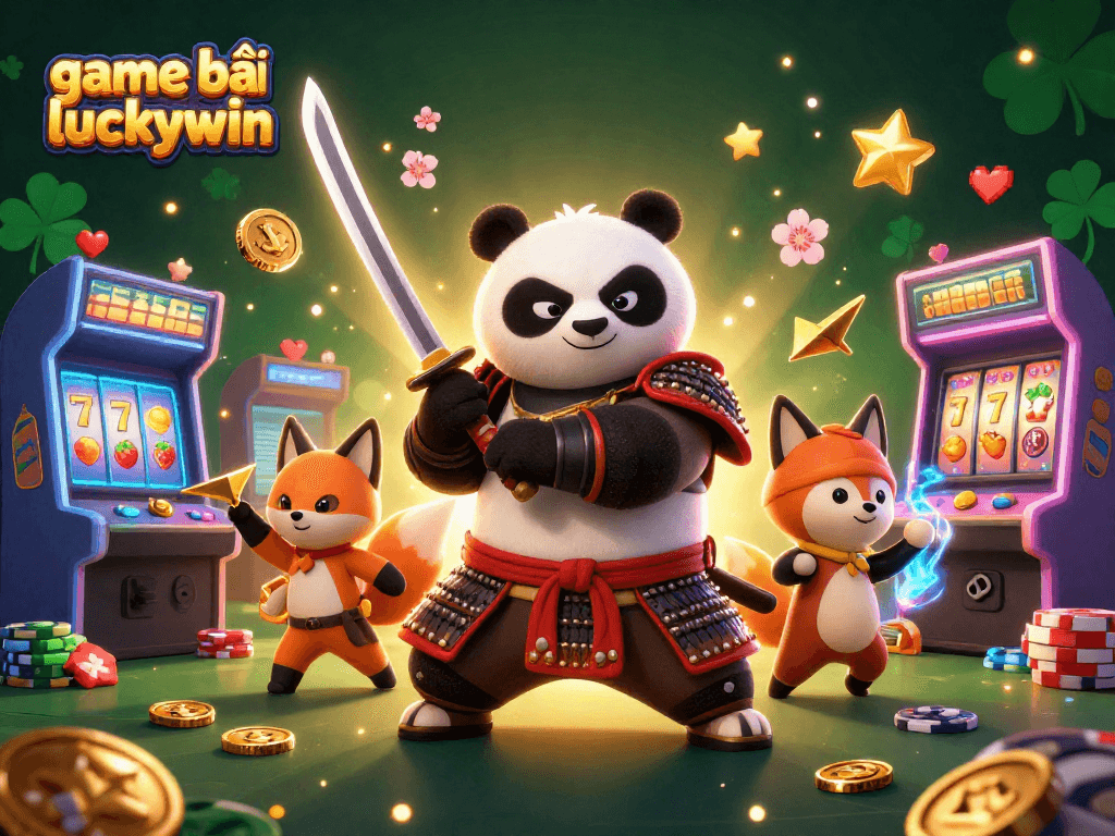 Engage with game bài luckywin featuring a samurai panda, ninja fox, and magical spirit in a vibrant casino