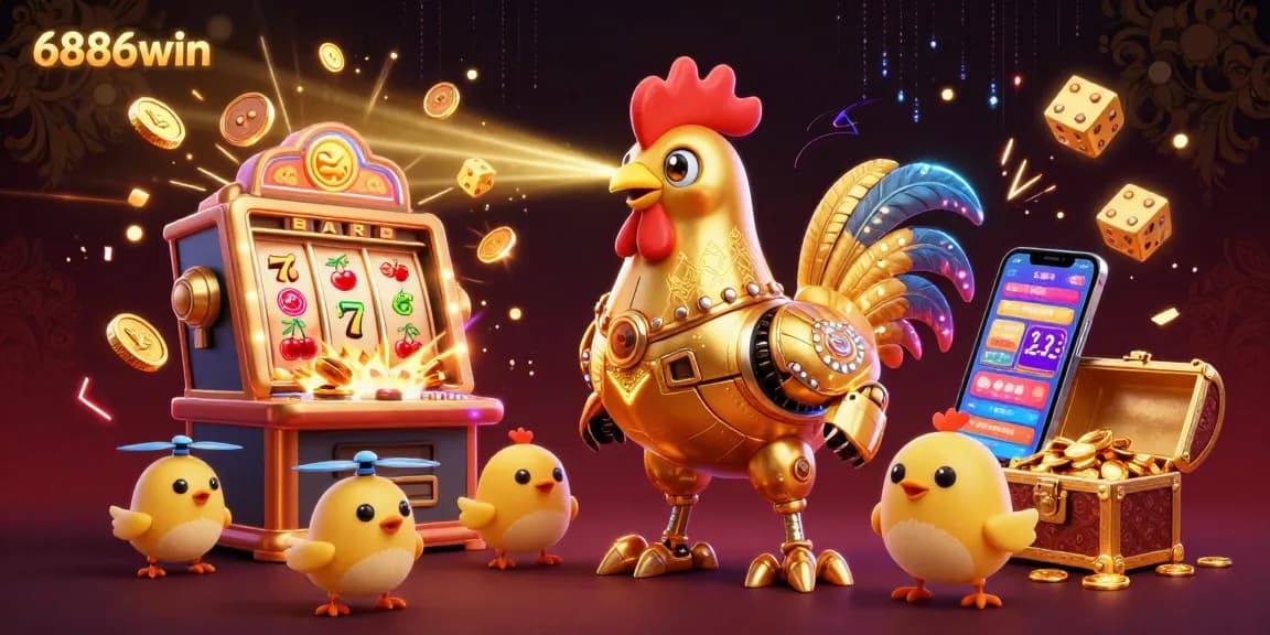 Experience the jackpot excitement at 6886win with vibrant characters, slot machines, and gold coins!