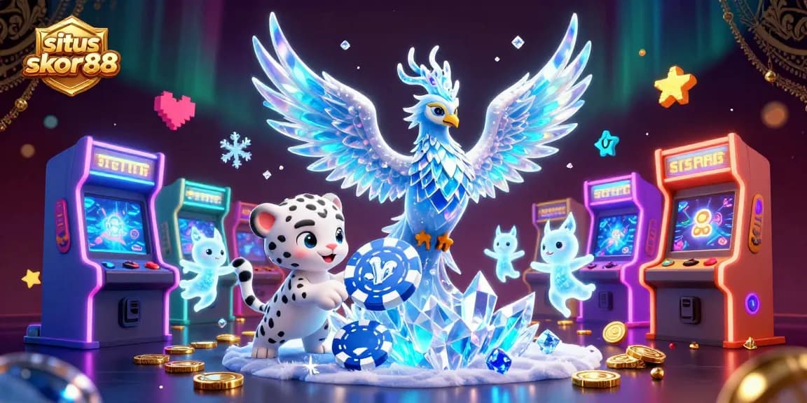 Experience the excitement of situs gacor skor88 with a lively illustration showcasing a phoenix, snow leopard, and vibrant game elements.