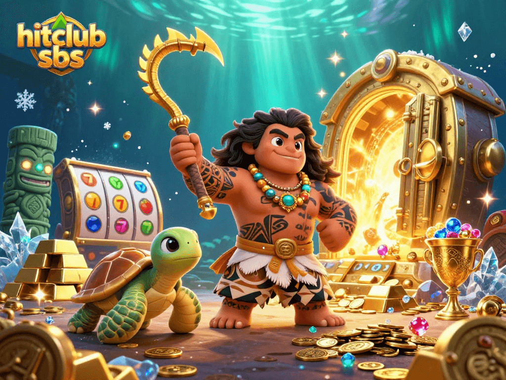 Experience vibrant wins at hitclub sbs with Polynesian-themed slot characters in a dynamic casino scene.
