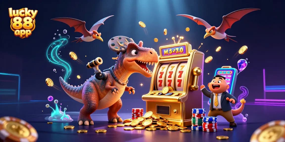 Experience the excitement of the lucky 88 app as a pachycephalosaurus celebrates jackpot wins in a vibrant casino scene.