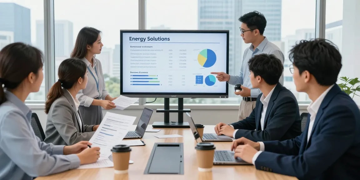 Team collaborating on business energy quotes in a modern office environment, analyzing cost-saving strategies.