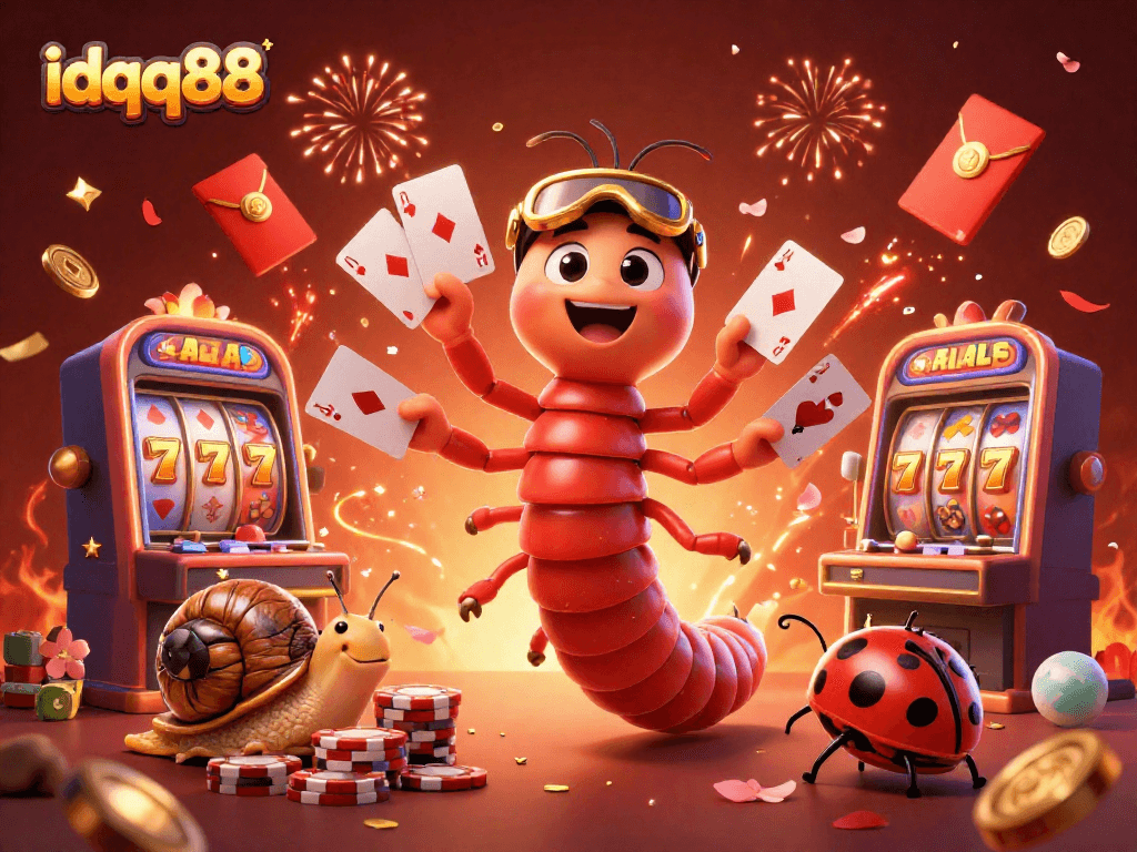 Experience thrilling gameplay at idqq88 with a dynamic 3D casino scene of lively characters amidst slot machines and festive elements.
