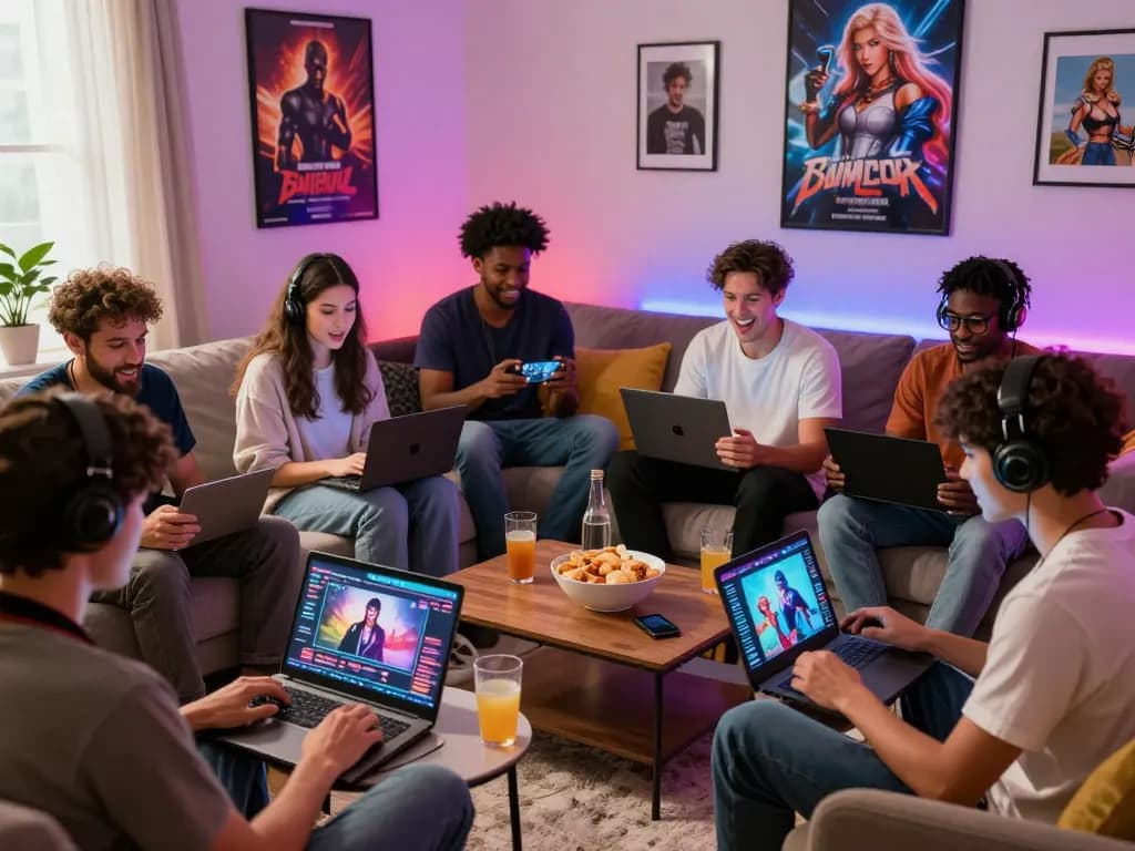 Players enjoying interactive html porn games in a cozy living room setting with diverse characters and engaging devices.