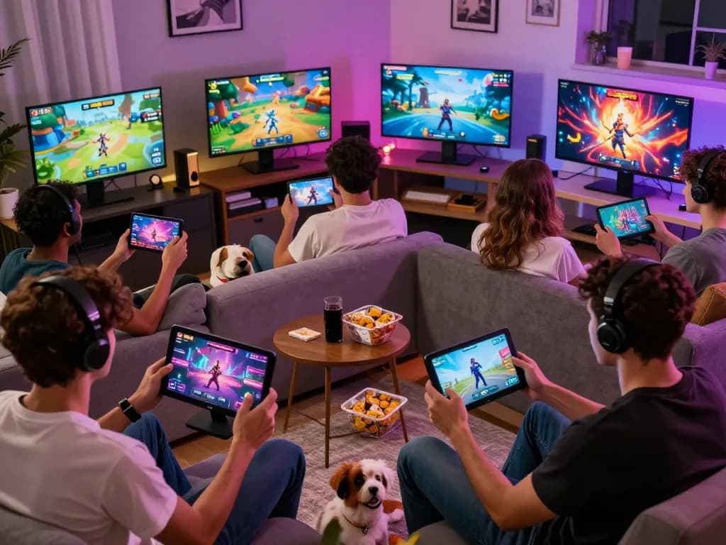 Group of friends playing interactive game sex on screens in a cozy home setting.