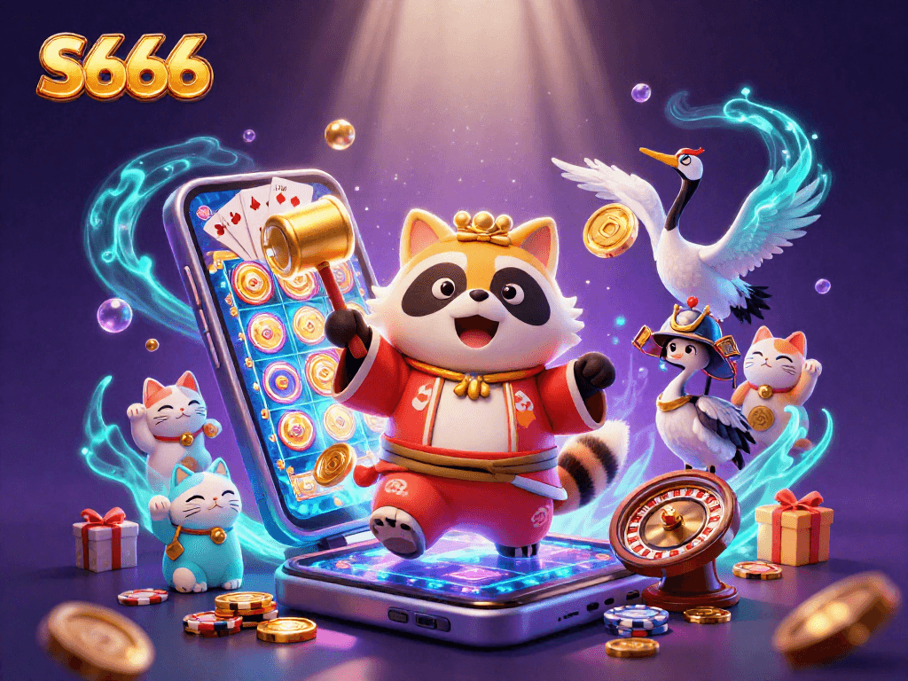 Spin slot reels and win with S666 in this vibrant casino scene featuring lively characters and exciting games.
