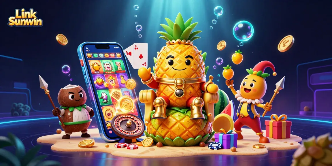Experience the excitement of Link Sunwin in a vibrant beach casino scene with animated characters and games.
