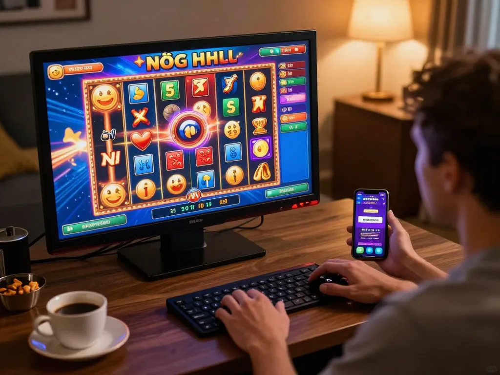 Playing the nổ hũ game on a laptop at home, showcasing a vibrant slot interface.