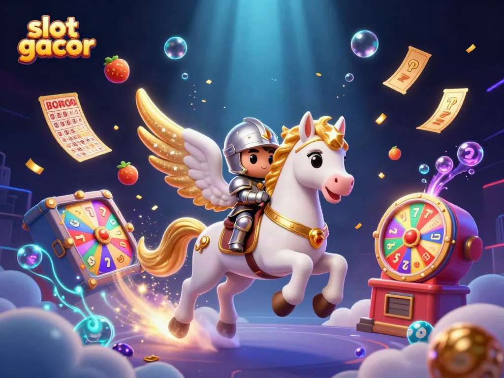Experience thrilling slot gacor excitement with a mystical knight and celestial horse amidst vibrant casino elements.