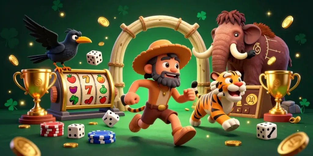 Experience the excitement of an online casino with a lively prehistoric theme featuring a caveman and sabertooth tiger.