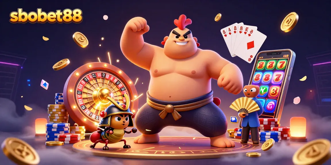Experience exciting sbobet88 opportunities with vibrant gambling elements in a dynamic illustration.