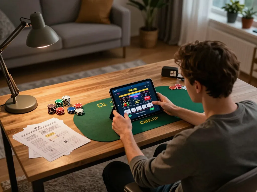 Engaged player enjoying online gaming on the rik vip app in a stylish home setting.