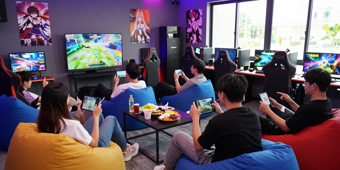 Players engaged in cozy gaming lounge enjoying free hentai games on multiple devices, colorful decor, and snacks.