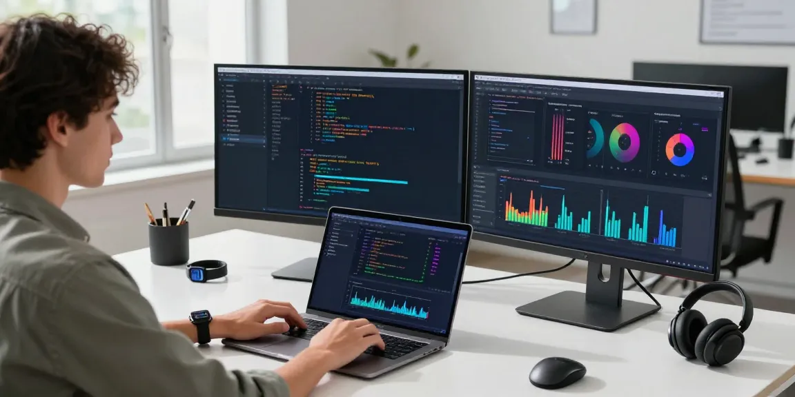 快连 technology workspace with a developer analyzing network data on dual monitors and laptop in a modern office setting.
