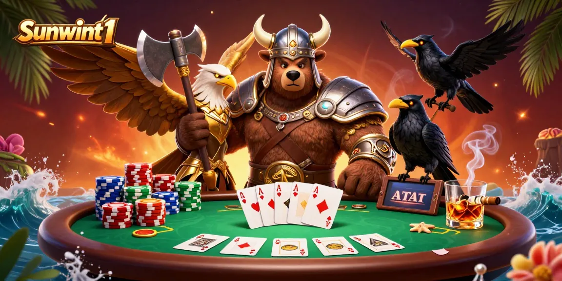 Experience the excitement of sunwint1 with a vivid 3D illustration featuring a Viking bear and Valkyrie eagle in a vibrant casino setting.