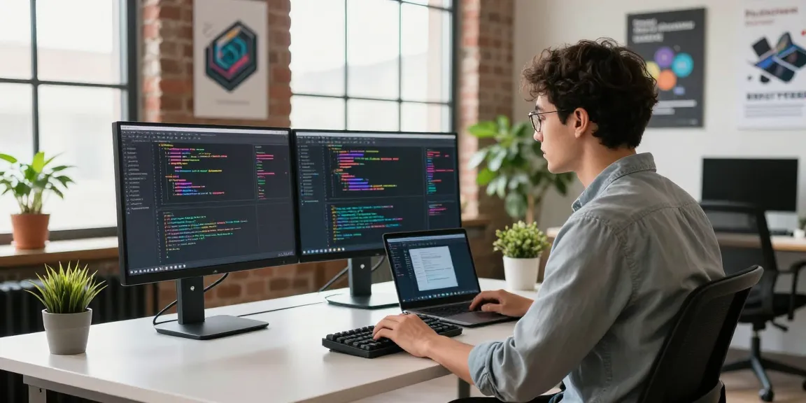 快连 software developer coding at modern workspace with dual monitors and natural light