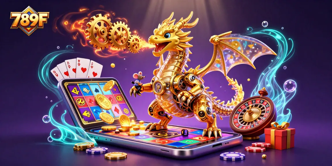 Engage in thrilling gameplay with 789F featuring a golden dragon and dynamic casino elements.